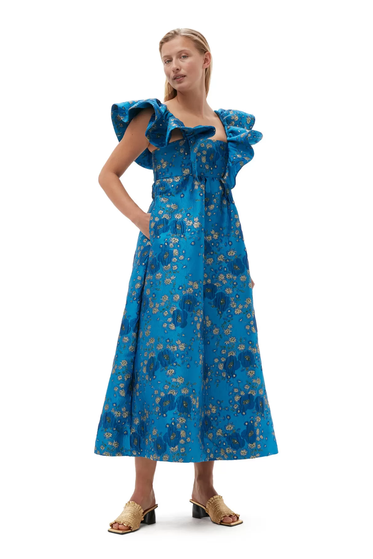 GANNI Kleider<3D-Jacquard-Midikleid Mit Ruschen Brilliant Blue