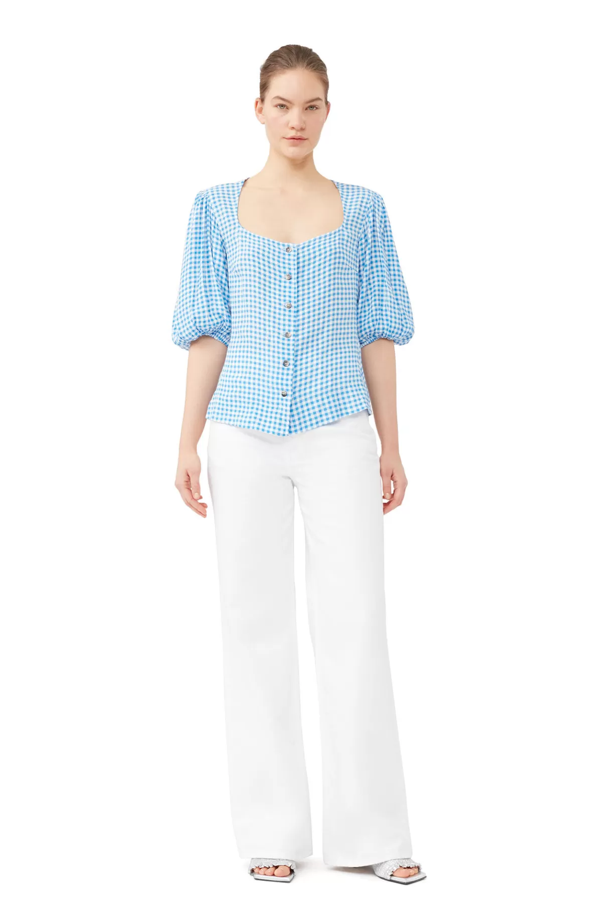 GANNI Tops<Bedruckte Button-Down-Bluse Aus Krepp Strong Blue