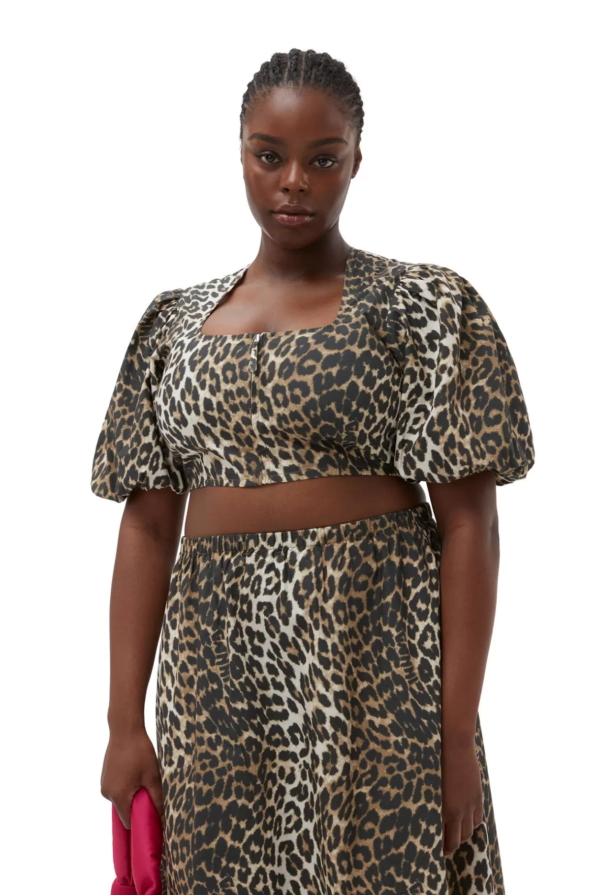 GANNI Tops<Bedruckte Crop-Bluse Mit Reisverschluss Big Leopard Almond Milk