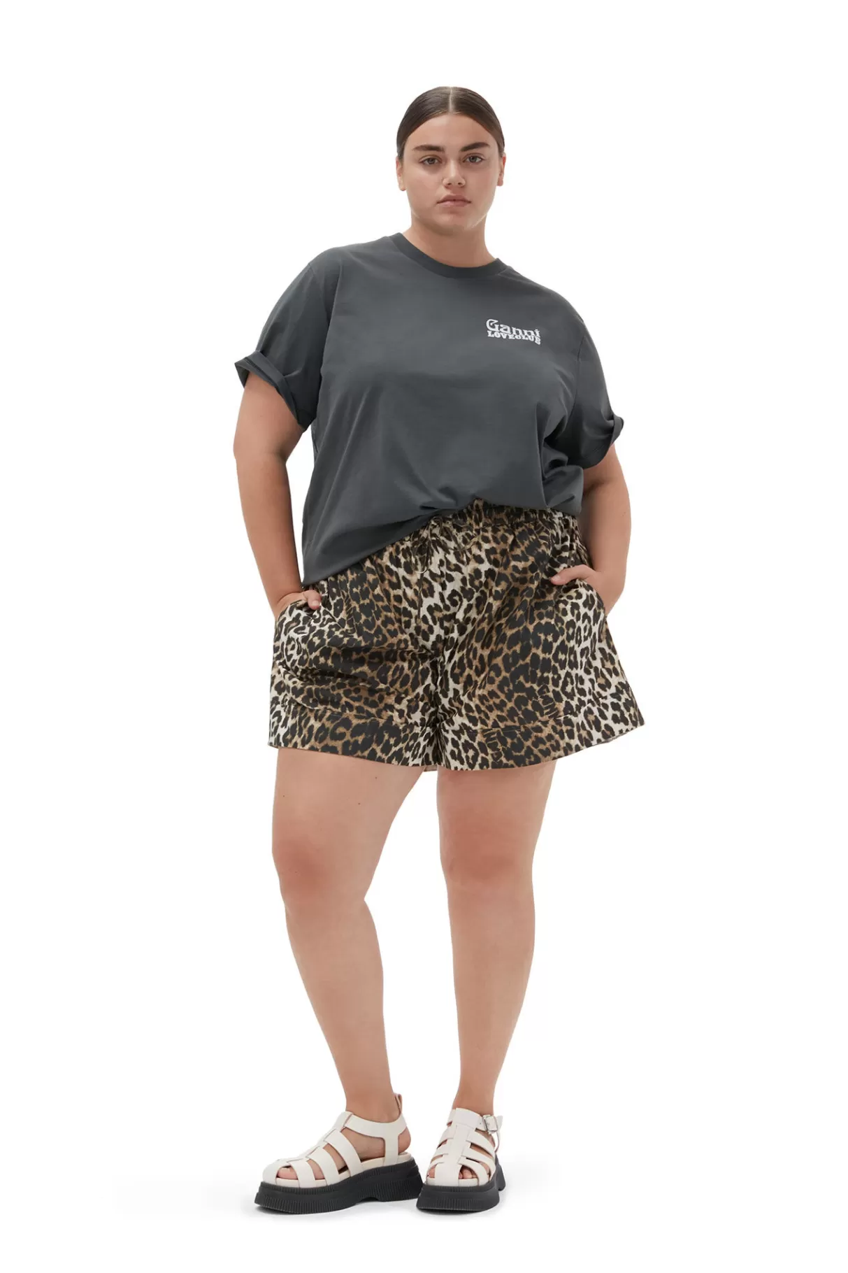 GANNI Shorts<Bedruckte Elastische Shorts Aus Baumwolle Big Leopard Almond Milk