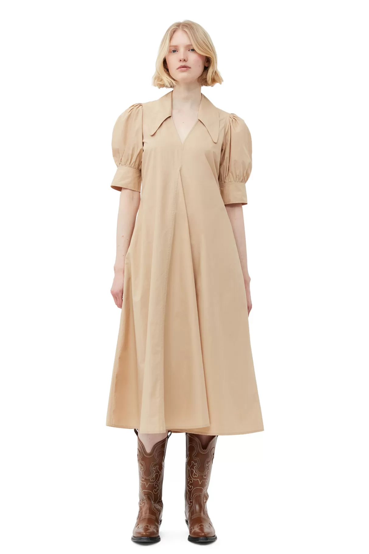 GANNI Kleider<Beige Maxikleid Aus Cotton Poplin Mit V-Ausschnitt Curds And Whey