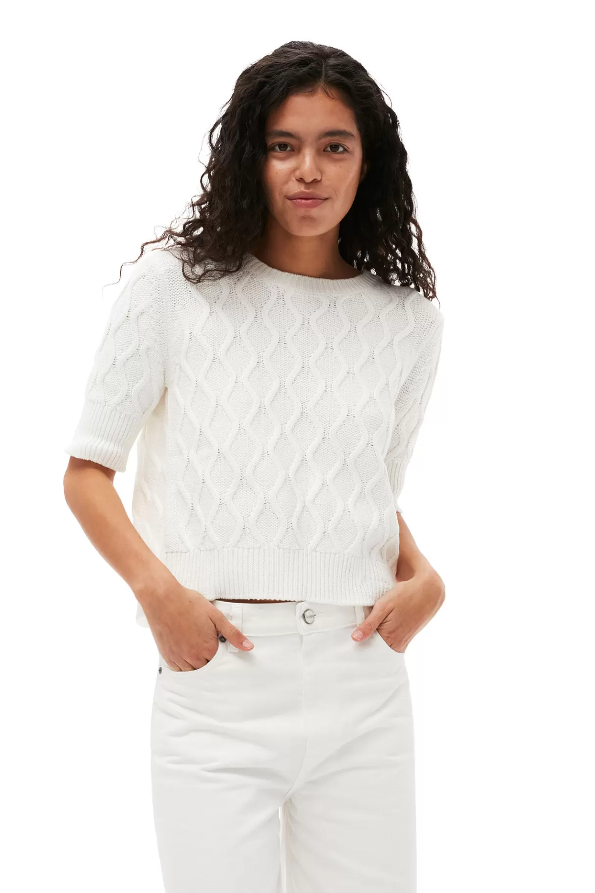 GANNI Tops<Cotton-Oberteil Mit Zopfmuster Und Offenem Rucken Bright White