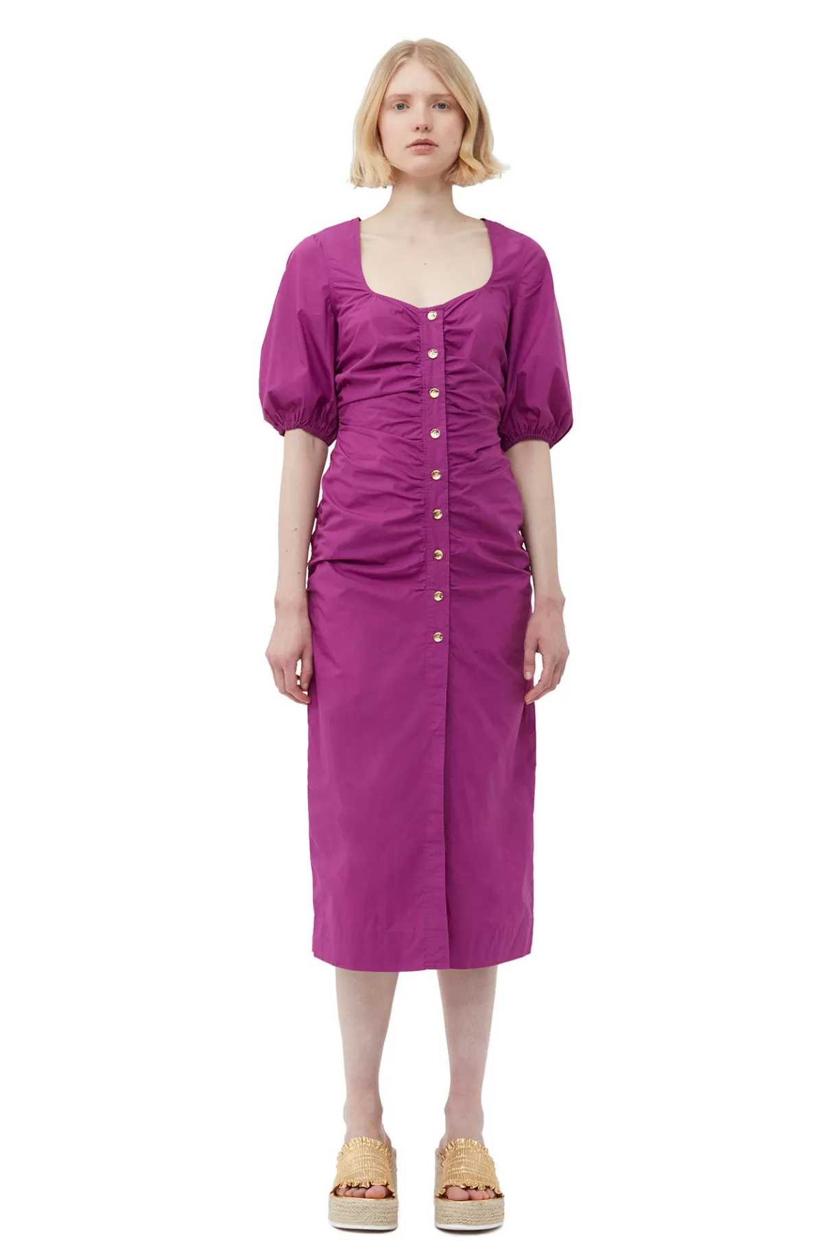 GANNI Kleider<Gerafftes Maxikleid Aus Cotton Poplin Mit Offenem Ausschnitt Purple Wine