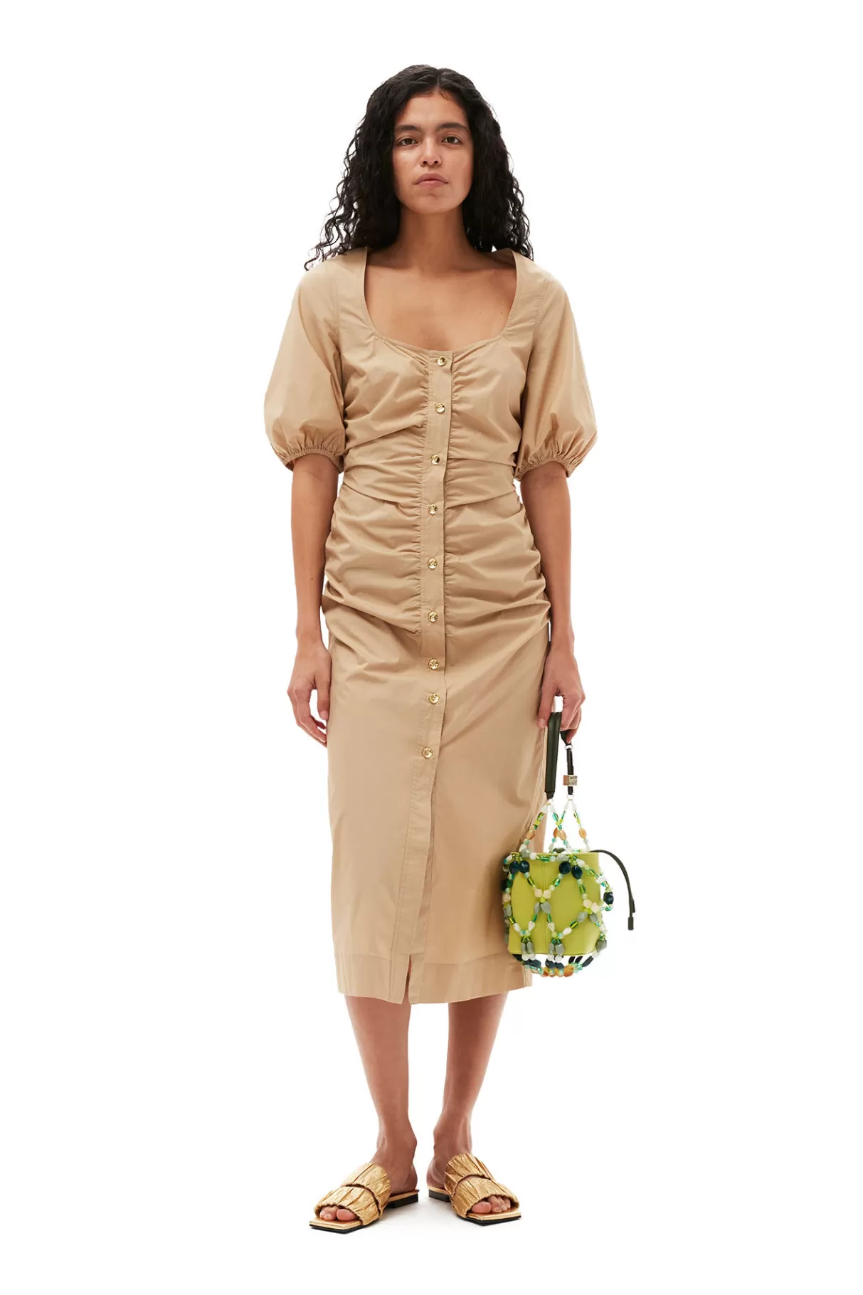 GANNI Kleider<Gerafftes Maxikleid Aus Cotton Poplin Mit Offenem Ausschnitt Curds And Whey