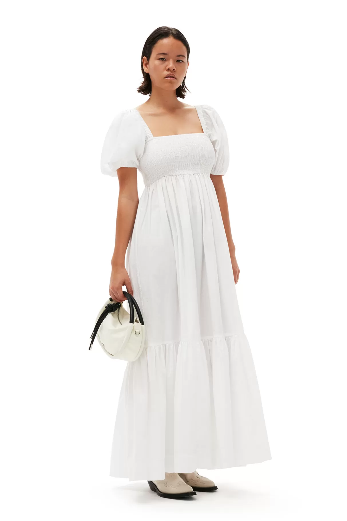 GANNI Kleider<Gesmoktes Maxikleid Aus Cotton Poplin Bright White