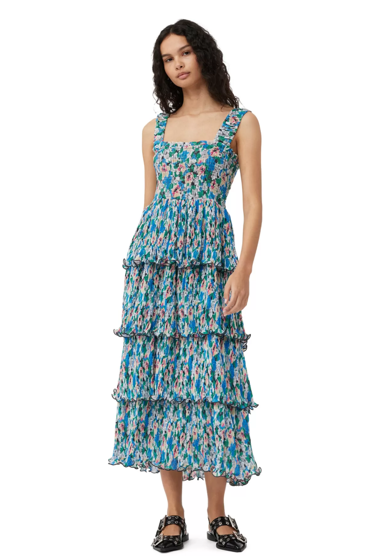 GANNI Kleider<Gesmoktes Midikleid Aus Plissiertem Georgette Floral Azure Blue