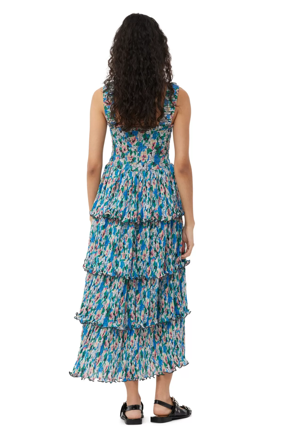 GANNI Kleider<Gesmoktes Midikleid Aus Plissiertem Georgette Floral Azure Blue