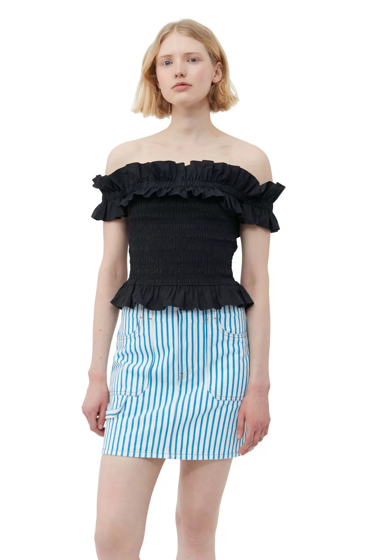 GANNI Tops<Gesmoktes Off-Shoulder-Oberteil Aus Cotton Poplin Black