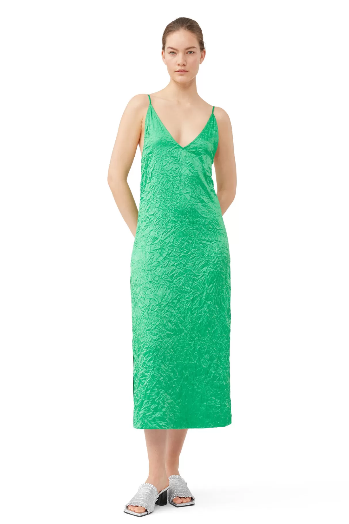 GANNI Kleider<Grunes Slipkleid Aus Geknittertem Satin Bright Green