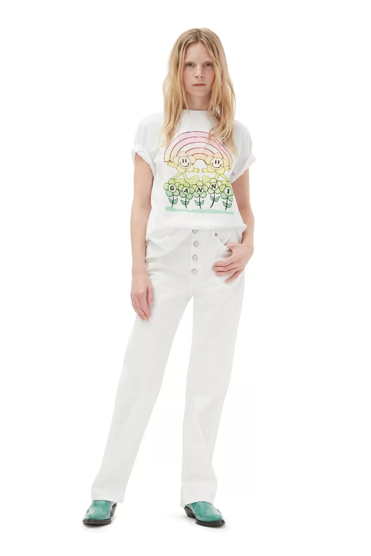 GANNI Tops<Lassiges Rainbow-T-Shirt Bright White