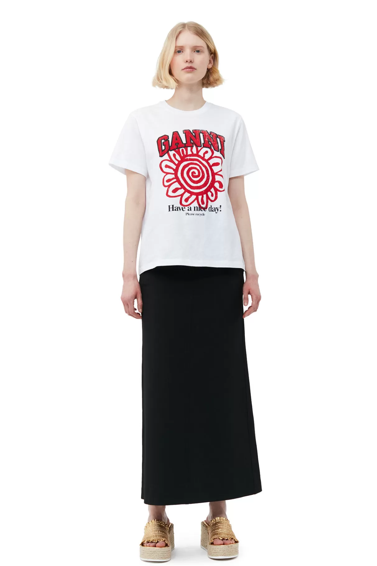 GANNI Tops<Lassiges Rotes Blumen-T-Shirt Bright White