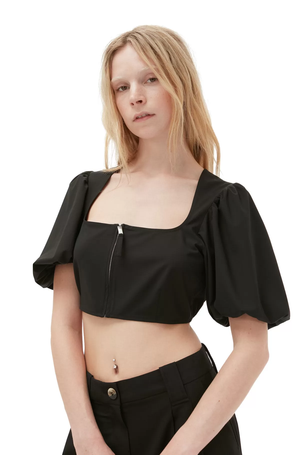 GANNI Tops<Melierte Bluse Mit Reisverschluss Und Drapierung Black