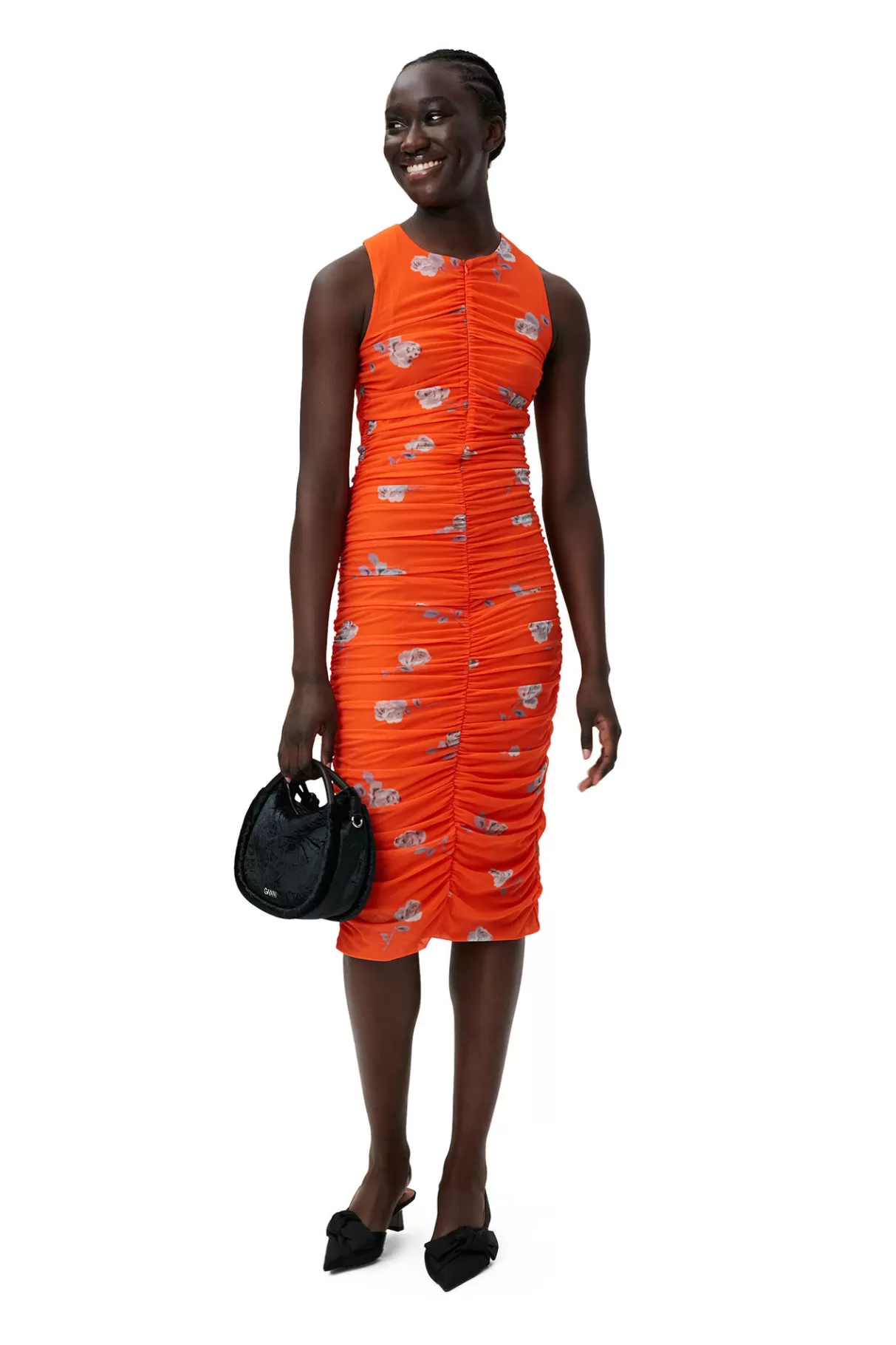 GANNI Kleider<Orange Bedrucktes Ruschen-Midikleid Aus Mesh Orangeade