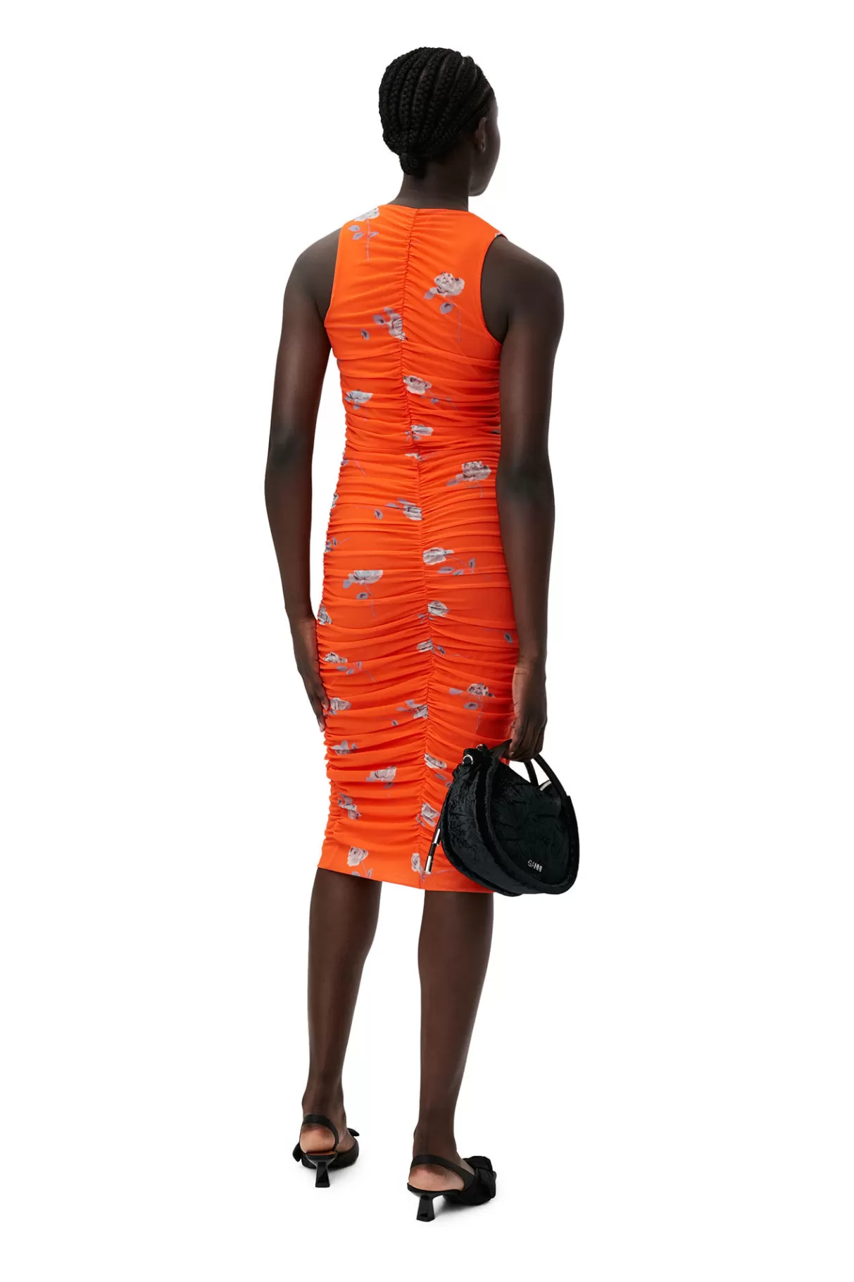 GANNI Kleider<Orange Bedrucktes Ruschen-Midikleid Aus Mesh Orangeade