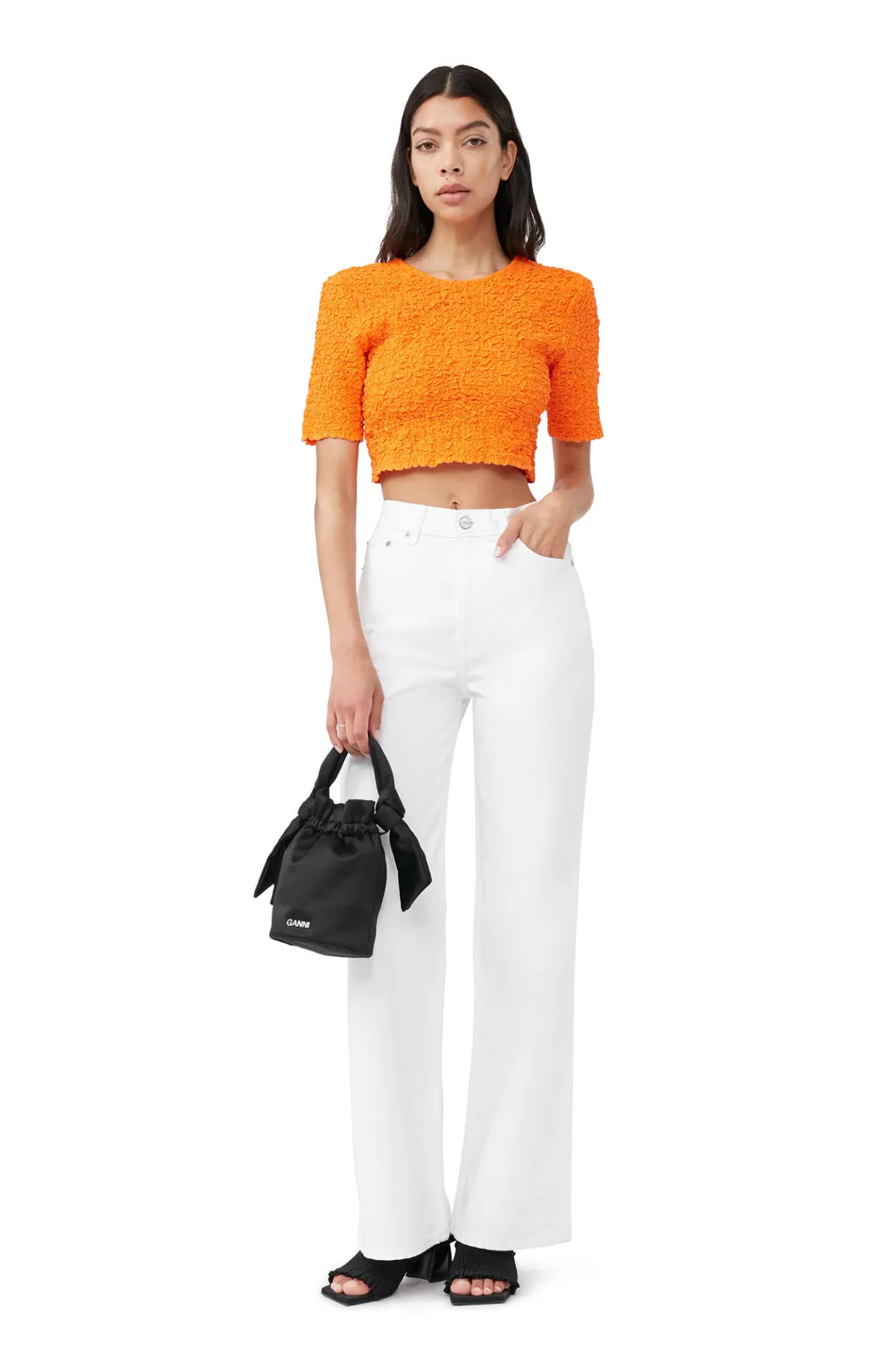 GANNI Tops<Orangefarbenes Gesmoktes Crop-Top Aus Cotton Poplin Vibrant Orange