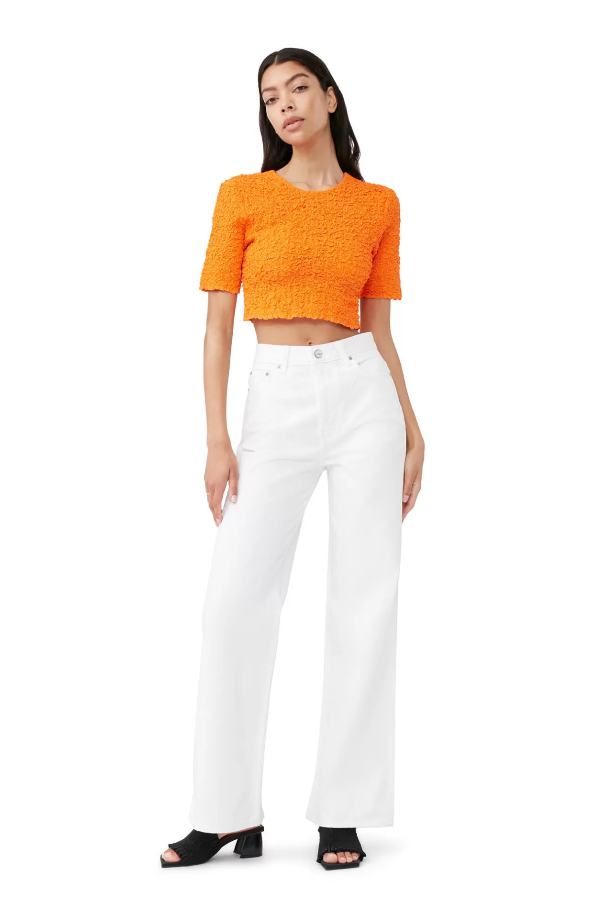 GANNI Tops<Orangefarbenes Gesmoktes Crop-Top Aus Cotton Poplin Vibrant Orange