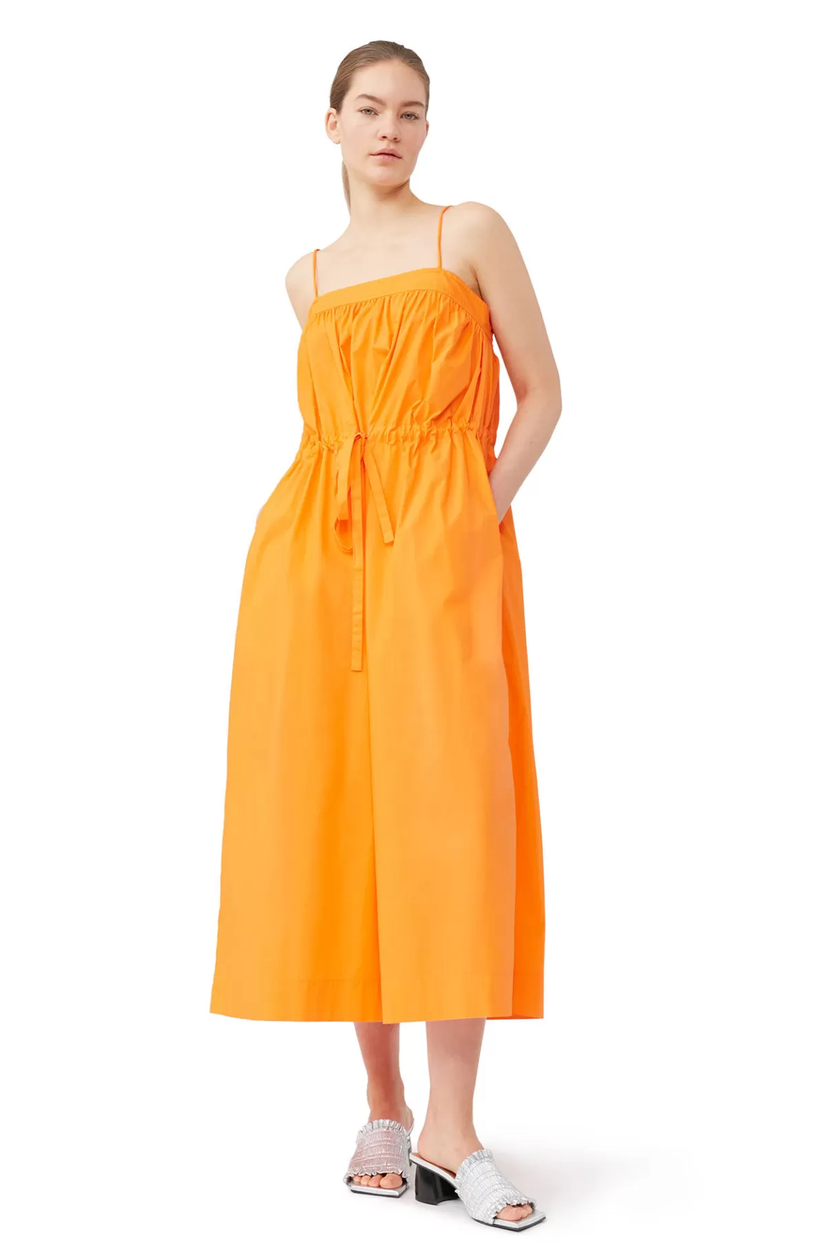 GANNI Kleider<Oranges Maxikleid Aus Cotton Poplin Vibrant Orange