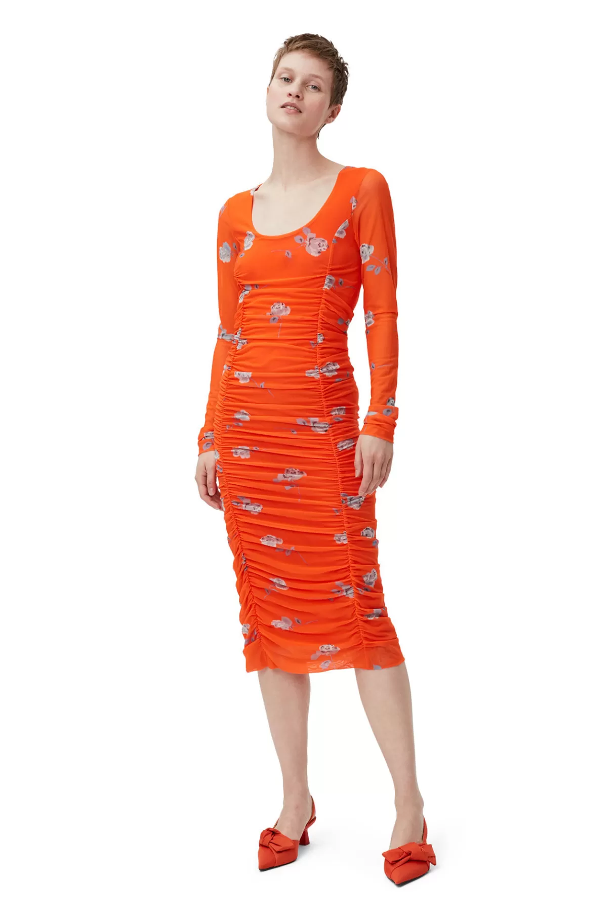 GANNI Kleider<Oranges Ruschen-Midikleid Aus Mesh Orangeade