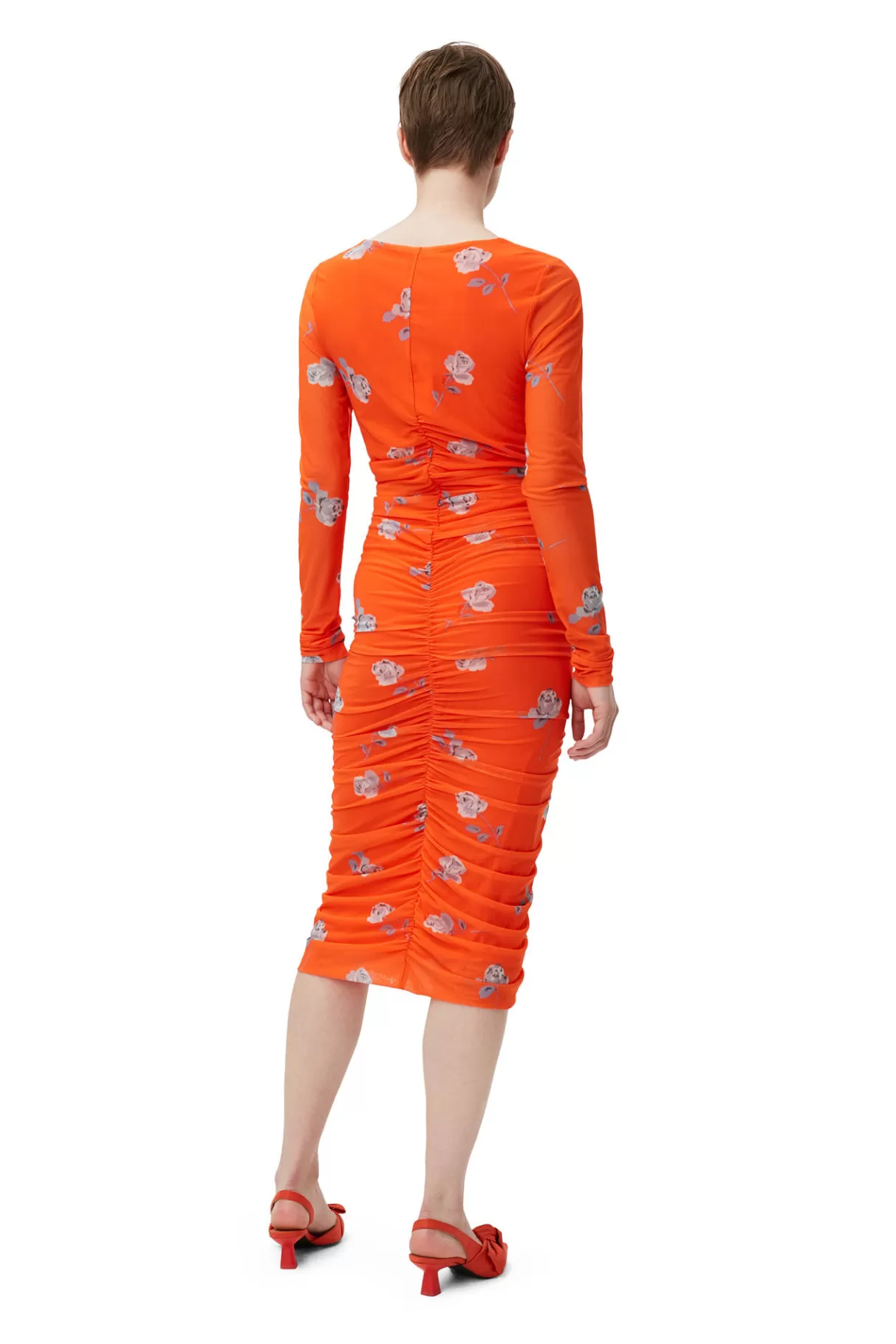 GANNI Kleider<Oranges Ruschen-Midikleid Aus Mesh Orangeade