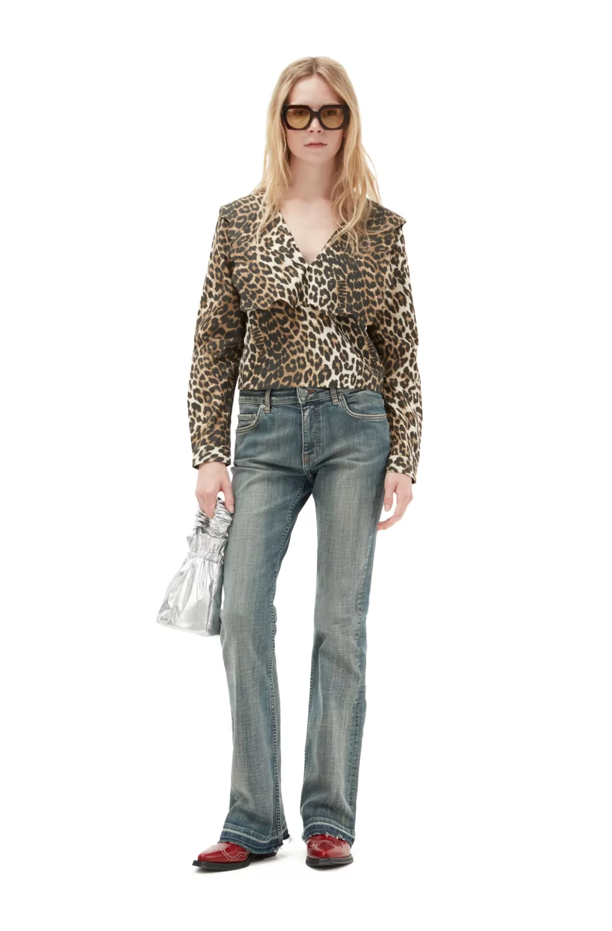 GANNI Tops<Printed Cotton Rhythm Collar Blouse Big Leopard Almond Milk