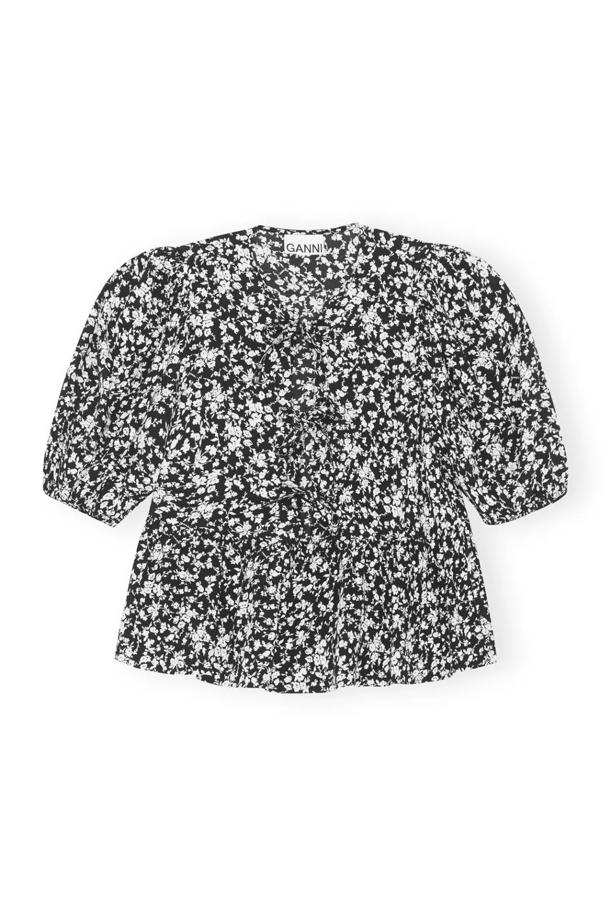 GANNI Tops<Printed Crepe Peplum Blouse Black