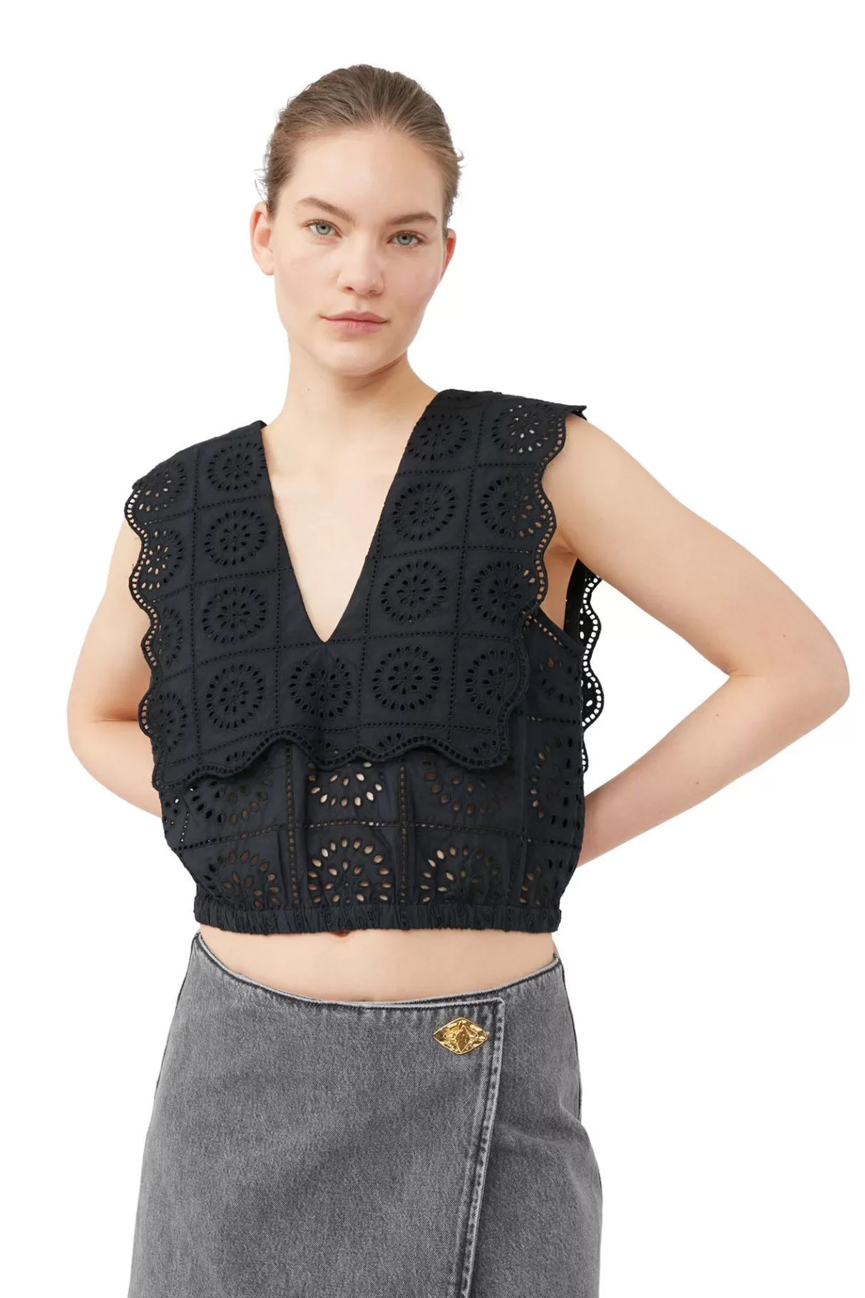 GANNI Tops<Rhythm-Kragen-Top Mit Lochstickerei Black