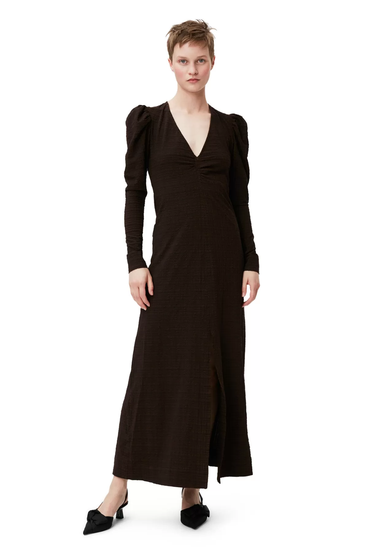 GANNI Kleider<Seersucker-Maxikleid Mit V-Ausschnitt Chicory Coffee