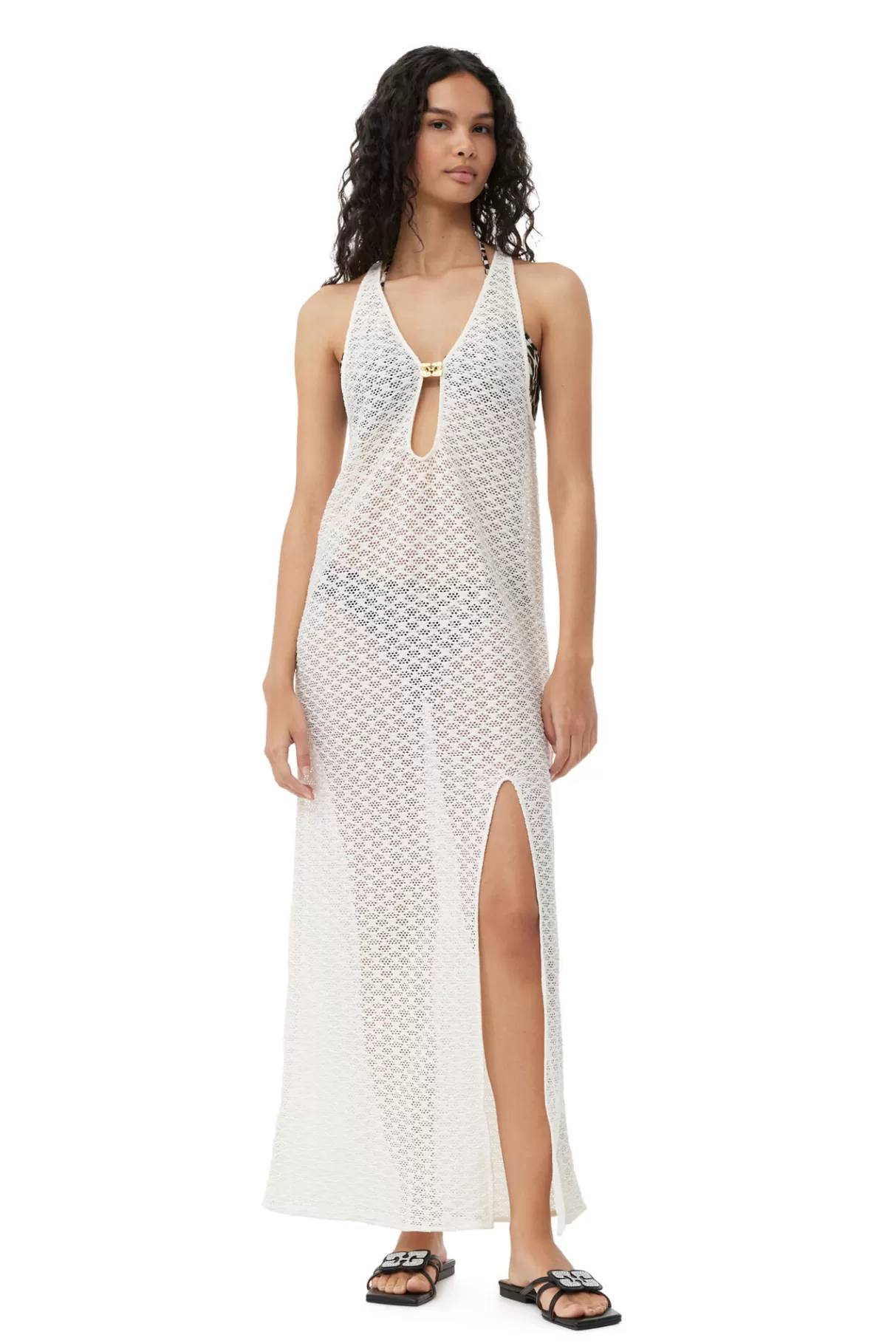 GANNI Kleider<Spitzen-Mesh-Maxikleid Egret