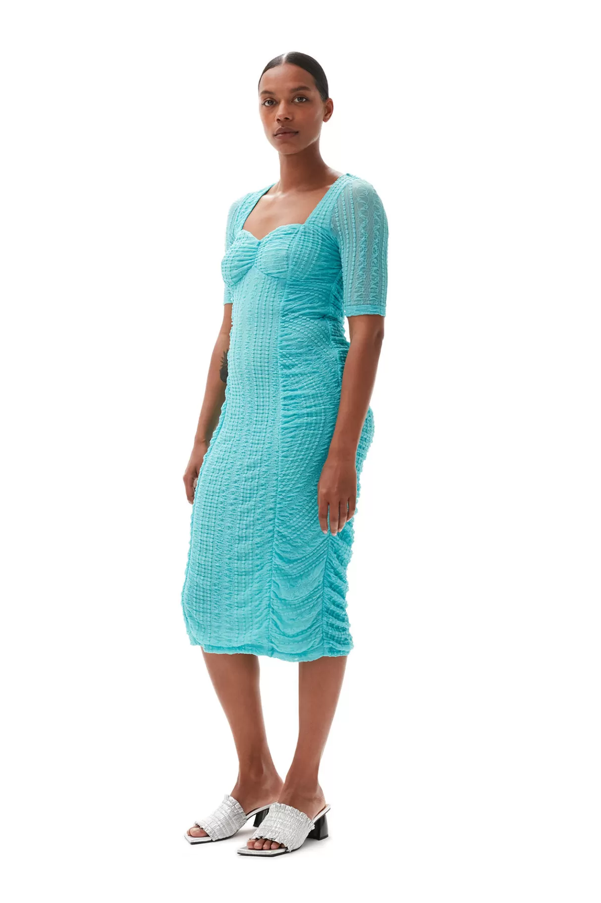 GANNI Kleider<Stretch-Lace-Midikleid Mit Ruschen Blue Curacao