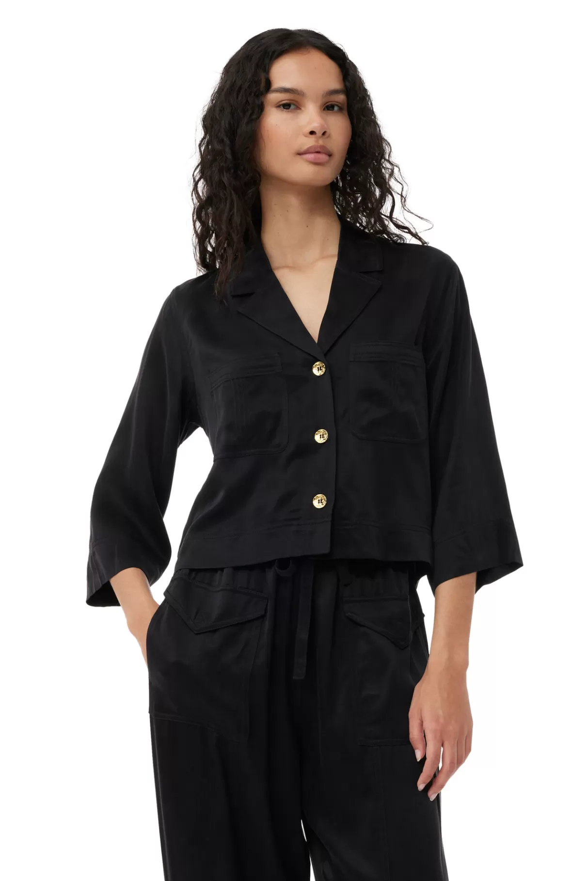 GANNI Tops<Washed-Satin-Crop-Shirt Black